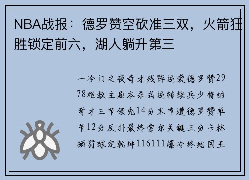 NBA战报：德罗赞空砍准三双，火箭狂胜锁定前六，湖人躺升第三