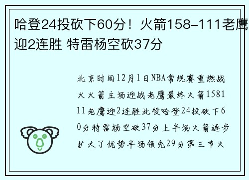 哈登24投砍下60分！火箭158-111老鹰迎2连胜 特雷杨空砍37分
