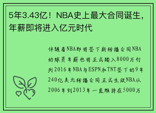 5年3.43亿！NBA史上最大合同诞生，年薪即将进入亿元时代